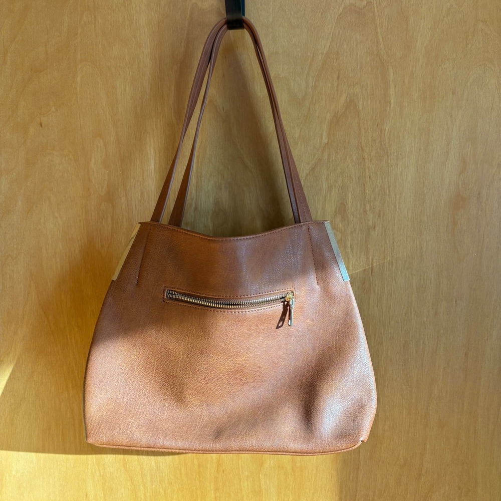Madison West Tote Bag Womens Large Brown Vegan Leather Triple‎ Compartment Gold